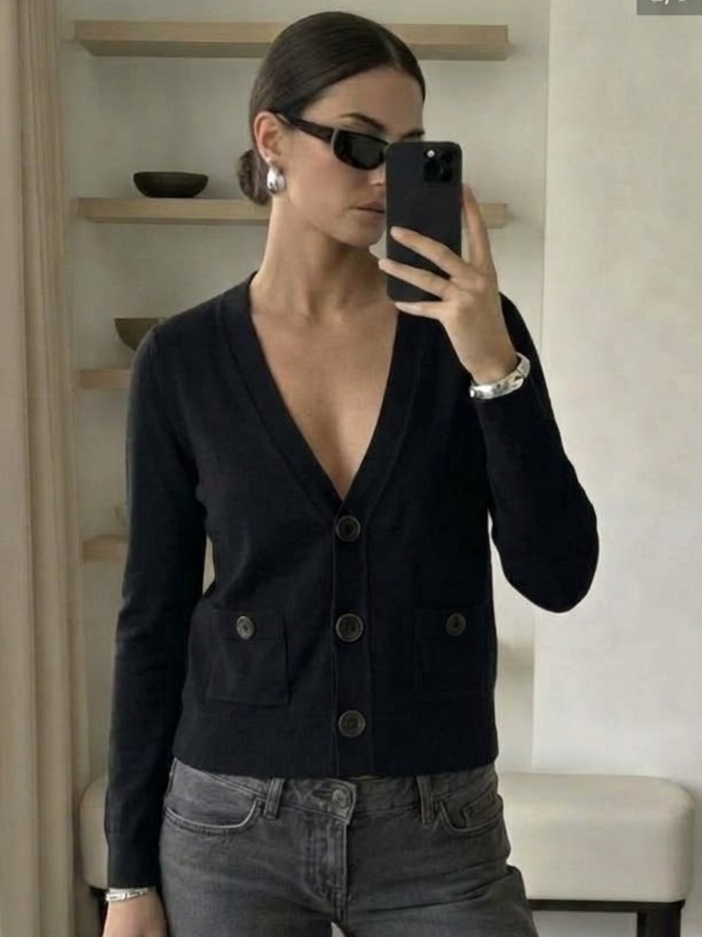 Cabi Black Button-Front Cardigan Sweater Size Medium Cotton Blend V-Neck